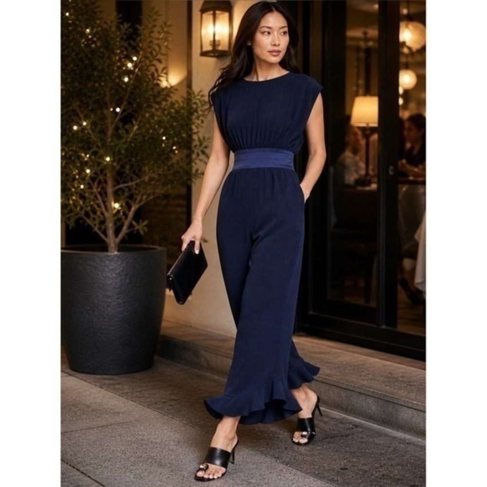ZARA Jumpsuit SZ S Navy Blue Sleeveless Frilled Leg Sash Waist Ankle Length